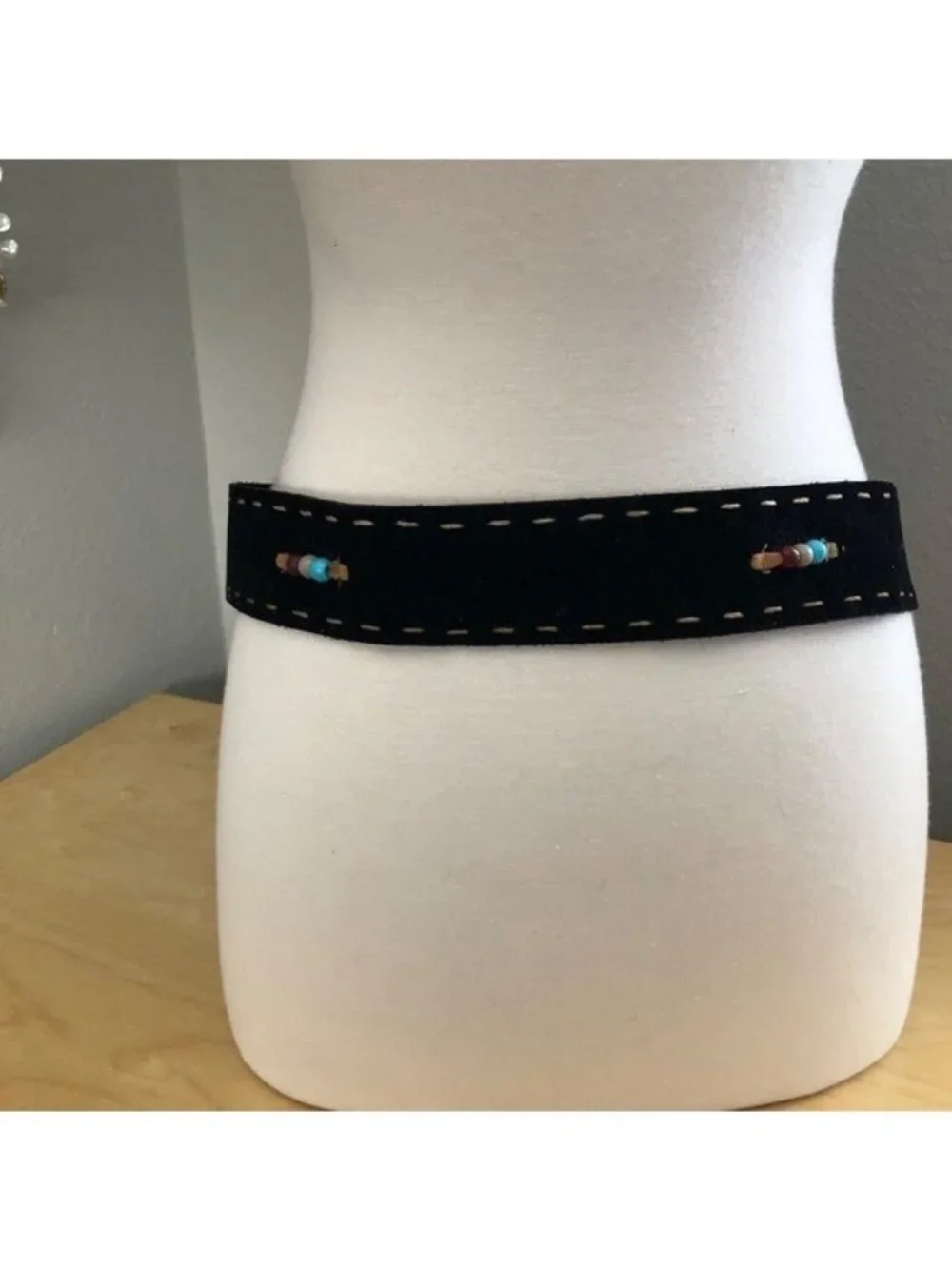 Hand Crafted Beaded Suede Leather Belt O/S Black Silver Festival Coastal Cowgirl